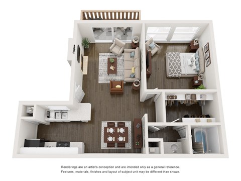 Floor plan for 1 bed, 1 bath, 656 sqft